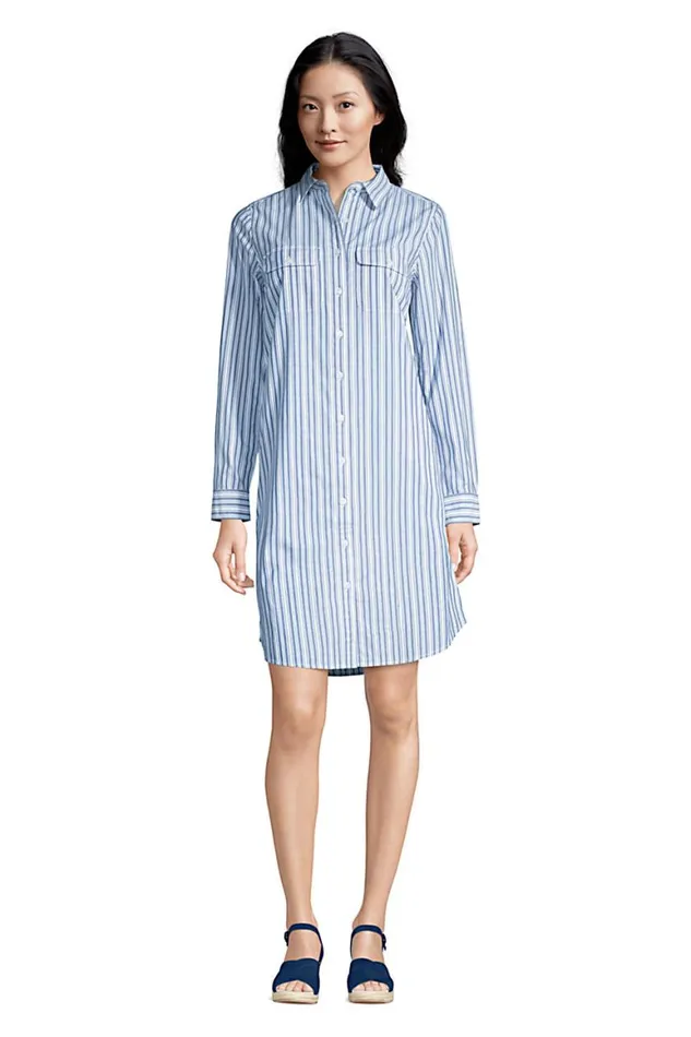 Lands039 End Dresses Women Cotton Poplin Button Front Dress Blue Awning Stripe Lands039 End Dresses Women Cotton Poplin Button Front Dress Blue Awning Stripe