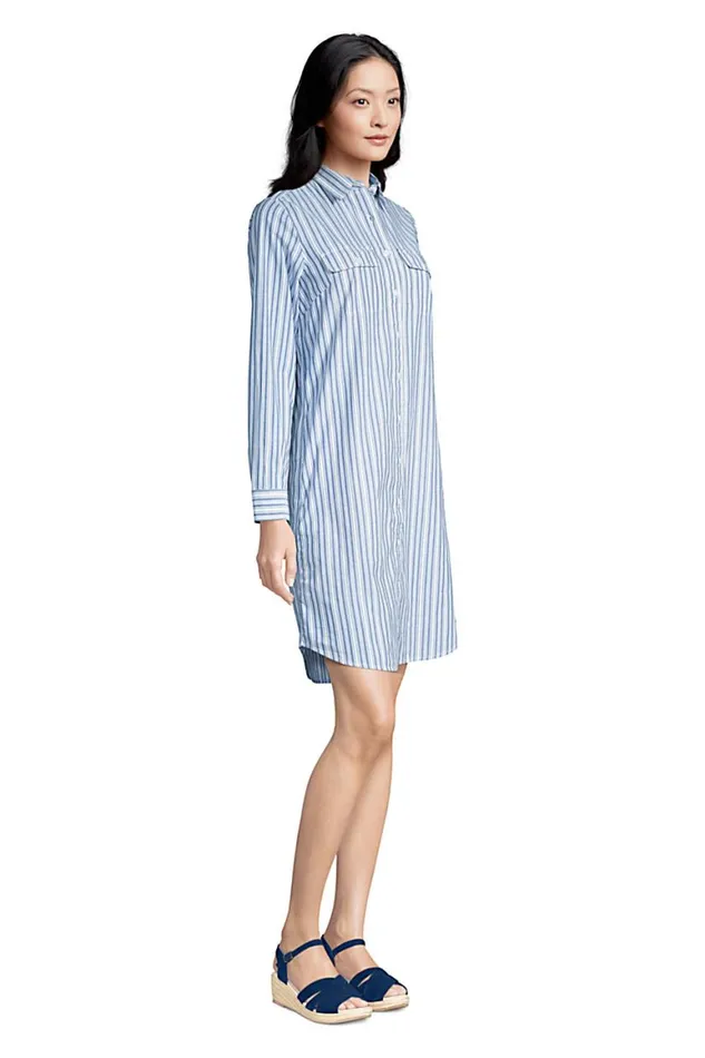 Lands039 End Dresses Women Cotton Poplin Button Front Dress Blue Awning Stripe