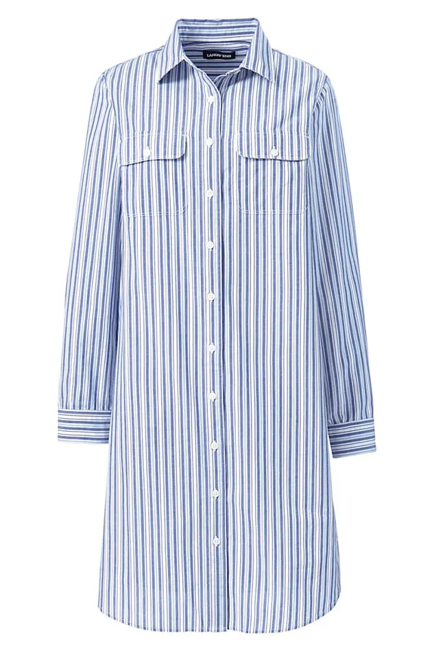 Lands039 End Dresses Women Cotton Poplin Button Front Dress Blue Awning Stripe