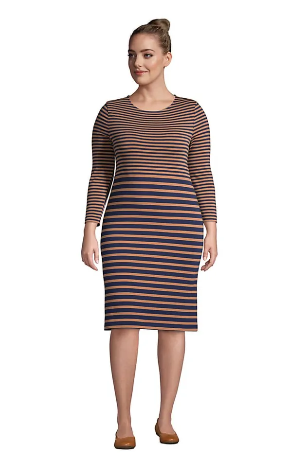 Lands039 End Dresses Women Plus Size Cotton Blend 34 Sleeve Tshirt Dress Warm Tawny Brown Stripe Lands039 End Dresses Women Plus Size Cotton Blend 34 Sleeve Tshirt Dress Warm Tawny Brown Stripe
