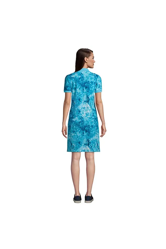 Lands039 End Dresses Women Short Sleeve Mesh Cotton Dress Baltic Teal Multi Palm