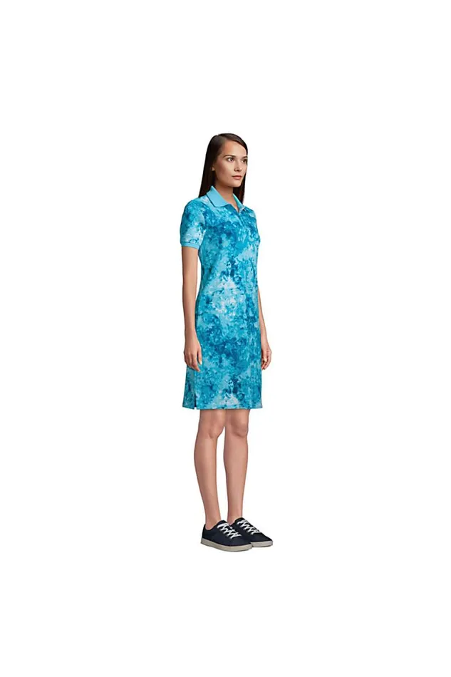 Lands039 End Dresses Women Short Sleeve Mesh Cotton Dress Baltic Teal Multi Palm