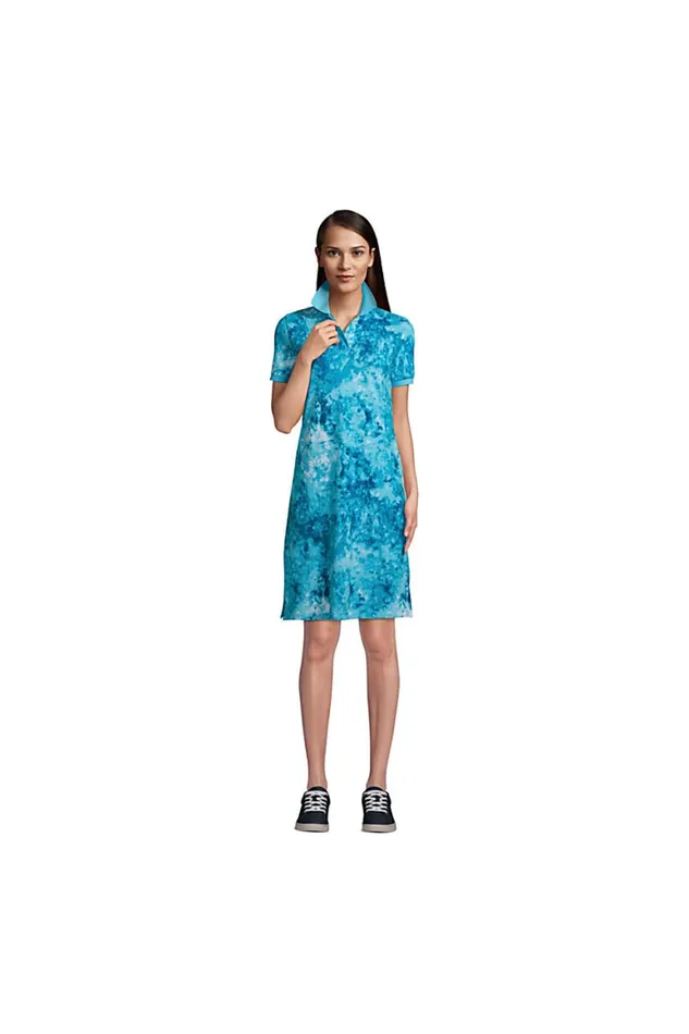 Lands039 End Dresses Women Short Sleeve Mesh Cotton Dress Baltic Teal Multi Palm