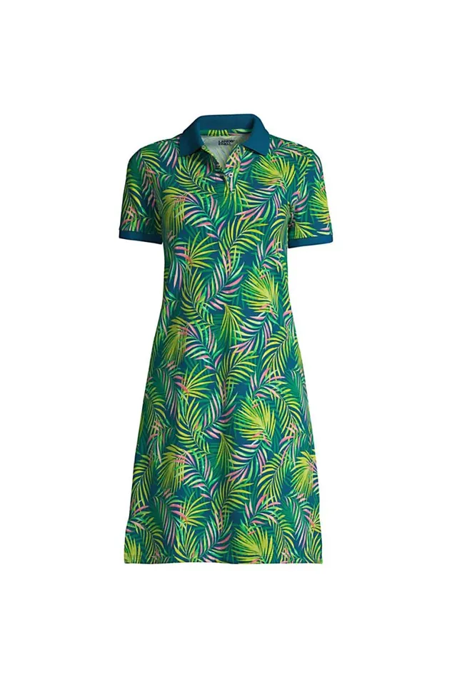 Lands039 End Dresses Women Short Sleeve Mesh Cotton Dress Baltic Teal Multi Palm