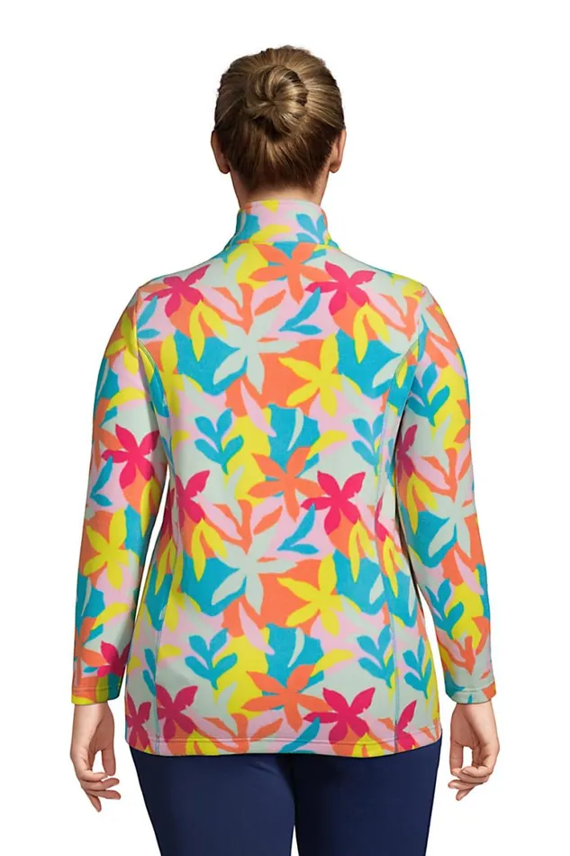 Lands039 End Fleece Women Plus Size Print Full Zip Fleece Jacket Turquoise Multi Graphic Floral