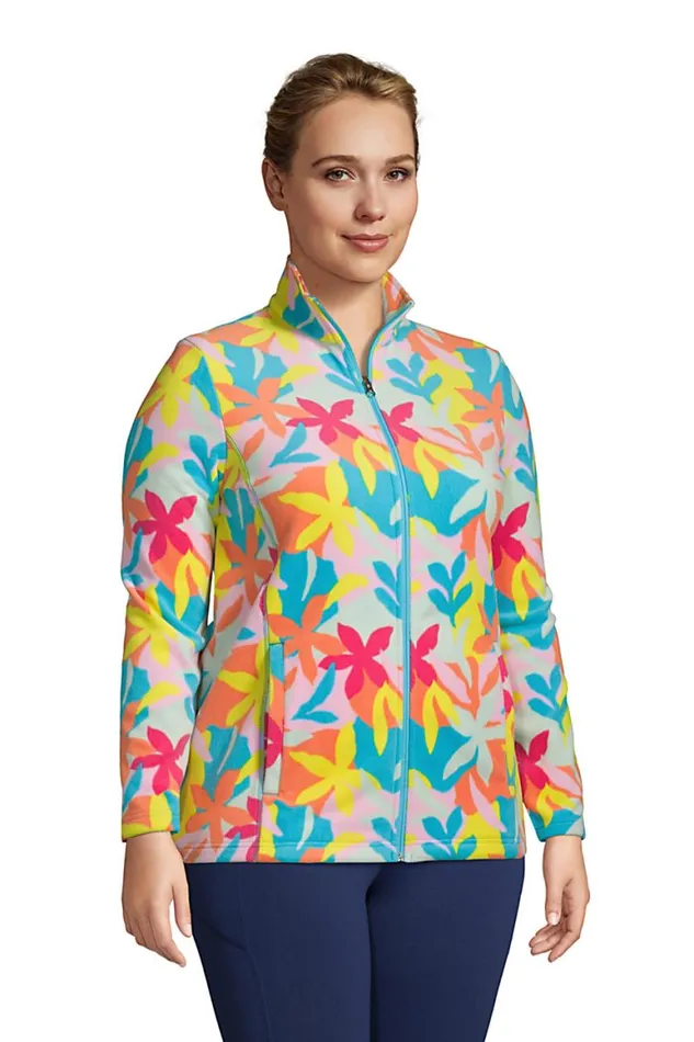Lands039 End Fleece Women Plus Size Print Full Zip Fleece Jacket Turquoise Multi Graphic Floral