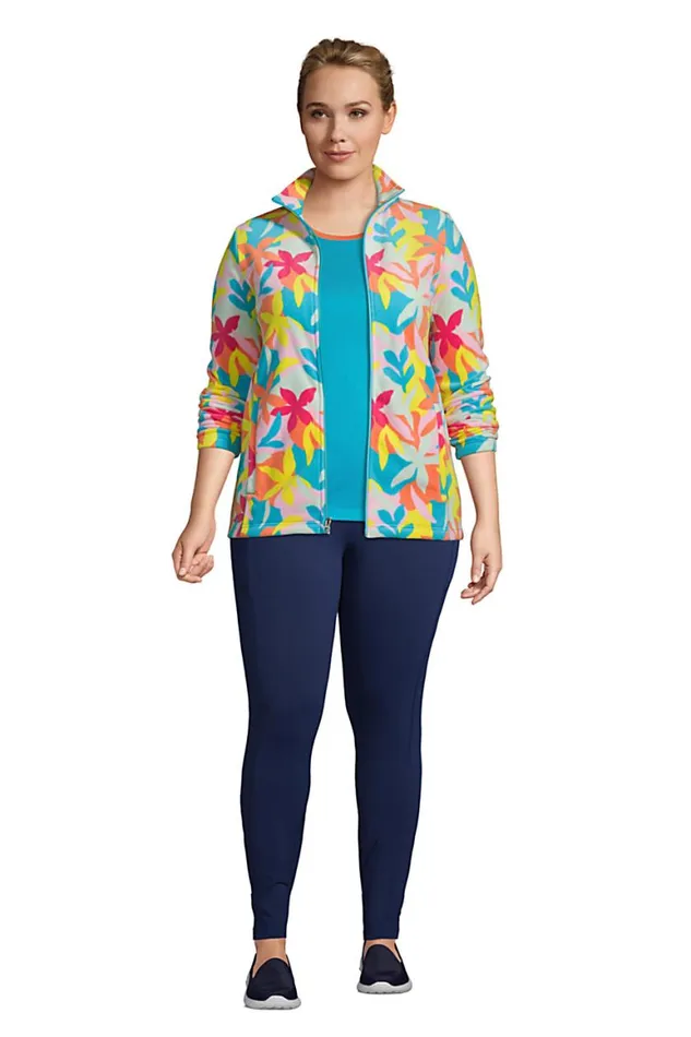 Lands039 End Fleece Women Plus Size Print Full Zip Fleece Jacket Turquoise Multi Graphic Floral