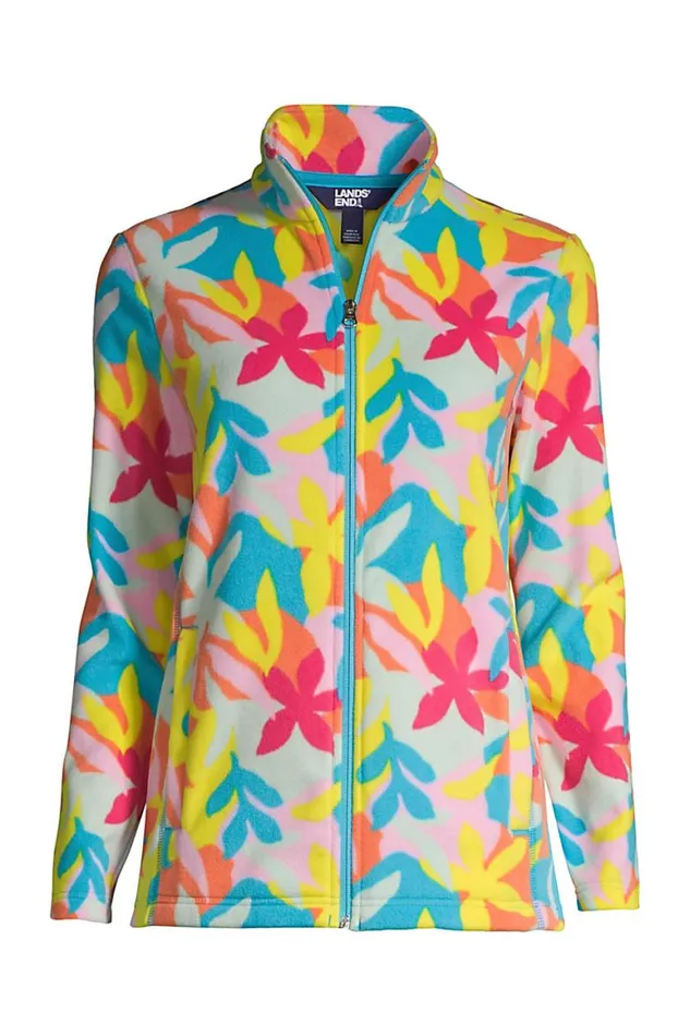 Lands039 End Fleece Women Plus Size Print Full Zip Fleece Jacket Turquoise Multi Graphic Floral
