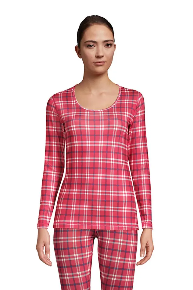 Lands039 End Long Underwear Women Petite Thermaskin Heat Thermal Long Underwear Base Layer Scoopneck Top Rich Red Holiday Plaid