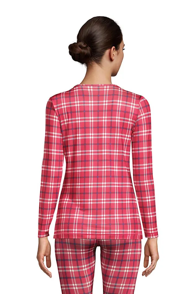 Lands039 End Long Underwear Women Petite Thermaskin Heat Thermal Long Underwear Base Layer Scoopneck Top Rich Red Holiday Plaid