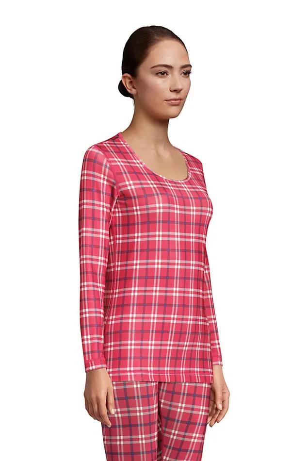 Lands039 End Long Underwear Women Petite Thermaskin Heat Thermal Long Underwear Base Layer Scoopneck Top Rich Red Holiday Plaid