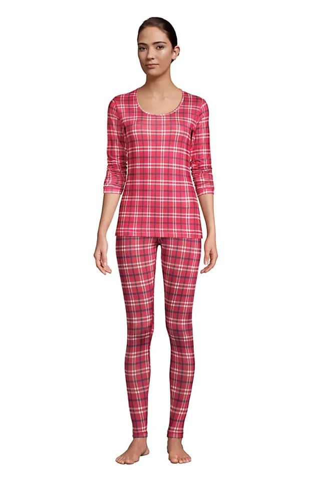 Lands039 End Long Underwear Women Petite Thermaskin Heat Thermal Long Underwear Base Layer Scoopneck Top Rich Red Holiday Plaid