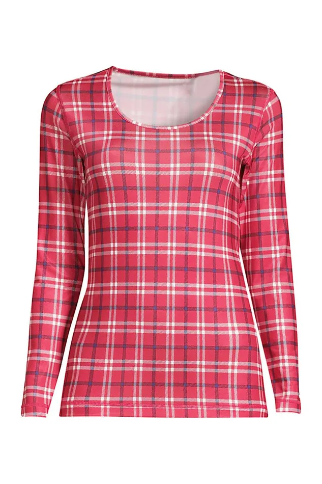 Lands039 End Long Underwear Women Petite Thermaskin Heat Thermal Long Underwear Base Layer Scoopneck Top Rich Red Holiday Plaid