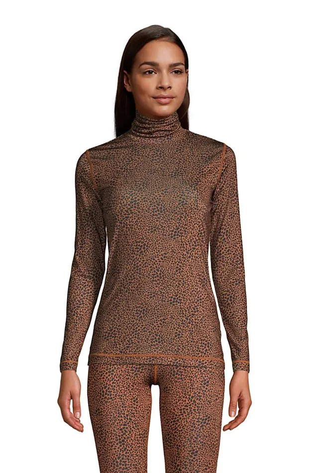 Lands039 End Long Underwear Women Petite Thermaskin Heat Thermal Long Underwear Base Layer Turtleneck Top Burnt Caramel Leopard Print