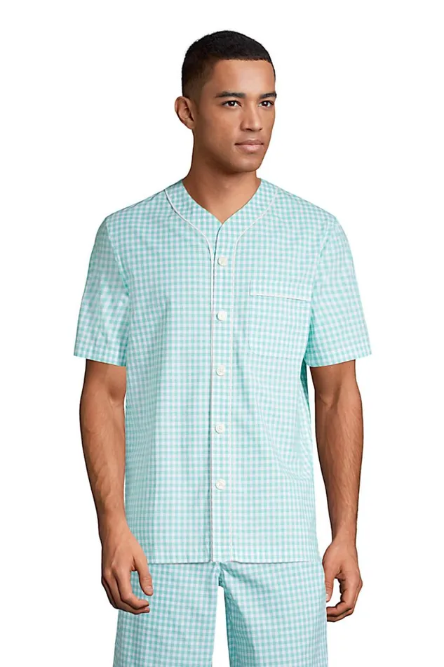 Lands039 End Pajamas and Robes Men Short Sleeve Poplin Pajama Shirt Global Green Gingham