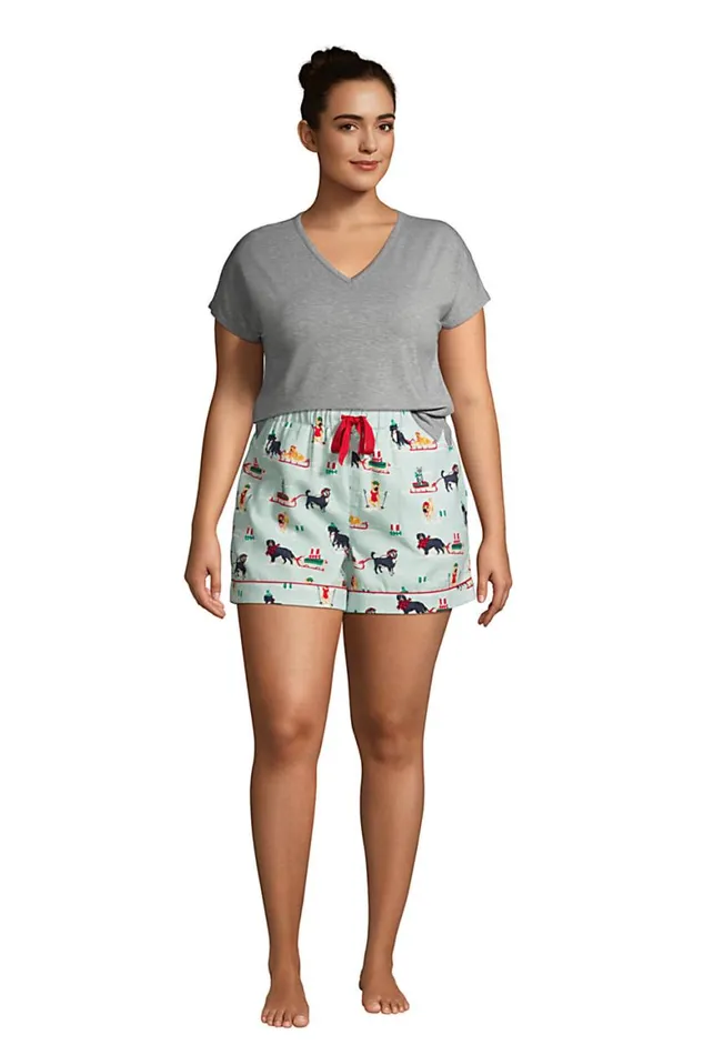 Lands039 End Pajamas and Robes Women Plus Size 4034 Flannel Pajama Shorts Aqua Breeze Dogs And Cat