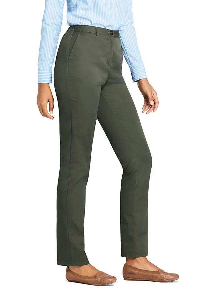 Lands039 End Pants Women 7 Day Elastic Back Comfort Waist Pants Dark Olive Green