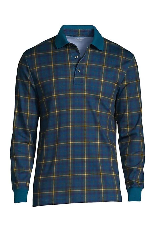 Lands039 End Polo Shirts Men Long Sleeve Jacquard Super Soft Supima Polo Shirt Baltic Teal Multi Plaid