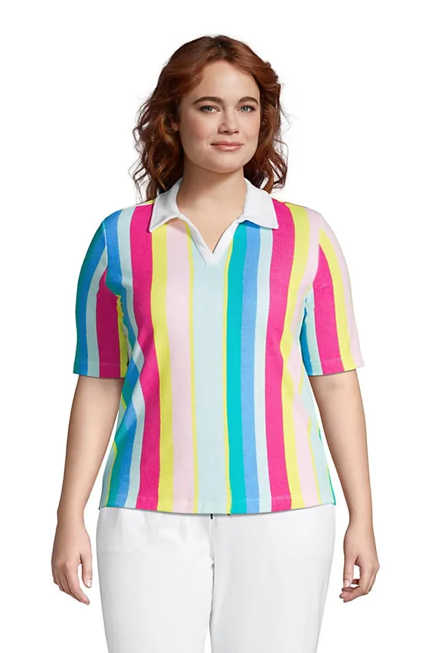 Lands039 End Polo Shirts Women Plus Size Seriously Terry Upf Elbow Sleeve Polo Shirt Multi Rainbow Stripe Lands039 End Polo Shirts Women Plus Size Seriously Terry Upf Elbow Sleeve Polo Shirt Multi Rainbow Stripe
