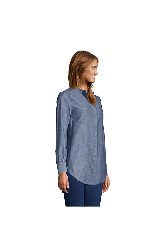 Lands039 End Shirts and Blouses Women Chambray Aline Long Sleeve Tunic Top Medium Dark Indigo Chambray