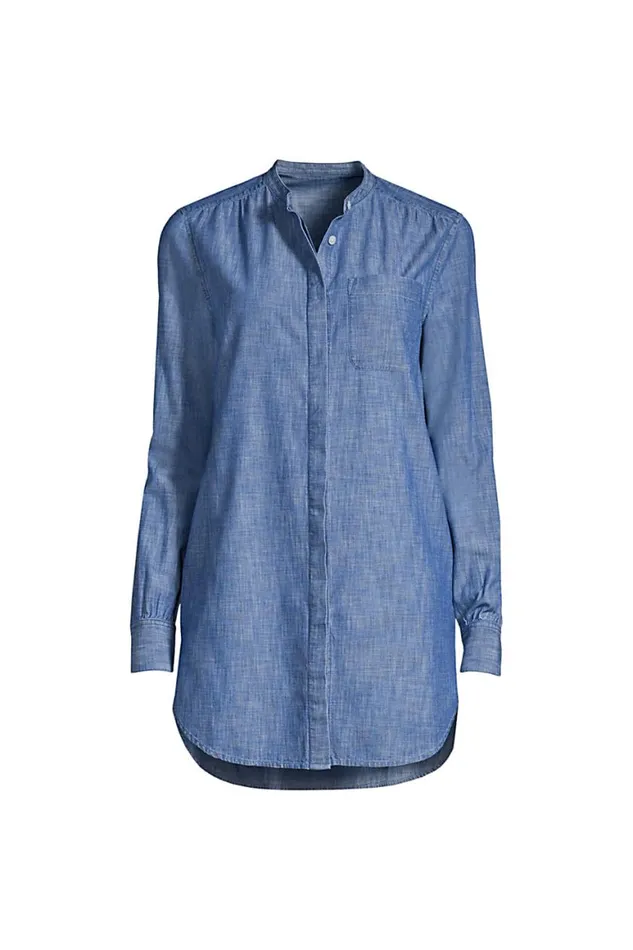 Lands039 End Shirts and Blouses Women Chambray Aline Long Sleeve Tunic Top Medium Dark Indigo Chambray