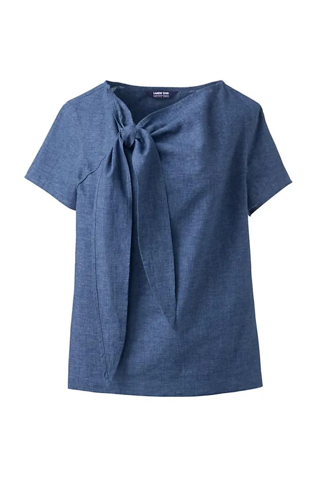 Lands039 End Shirts and Blouses Women Handkerchief Tie Neck Top Light Navy
