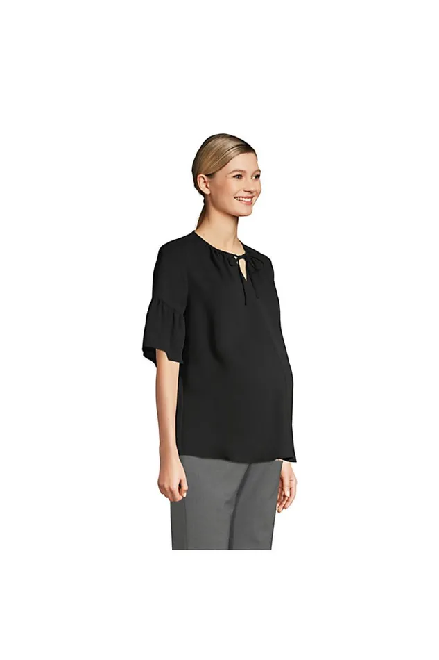 Lands039 End Shirts and Blouses Women Maternity Short Sleeve Tie Neck Crepe Blouse Black