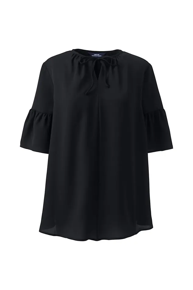 Lands039 End Shirts and Blouses Women Maternity Short Sleeve Tie Neck Crepe Blouse Black
