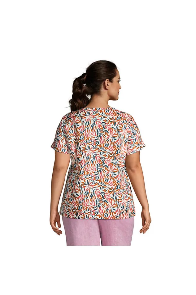 Lands039 End Shirts and Blouses Women Plus Size Linen Short Sleeve Tshirt White Palm Stripe