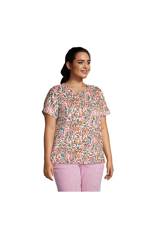 Lands039 End Shirts and Blouses Women Plus Size Linen Short Sleeve Tshirt White Palm Stripe