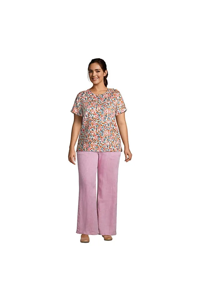 Lands039 End Shirts and Blouses Women Plus Size Linen Short Sleeve Tshirt White Palm Stripe