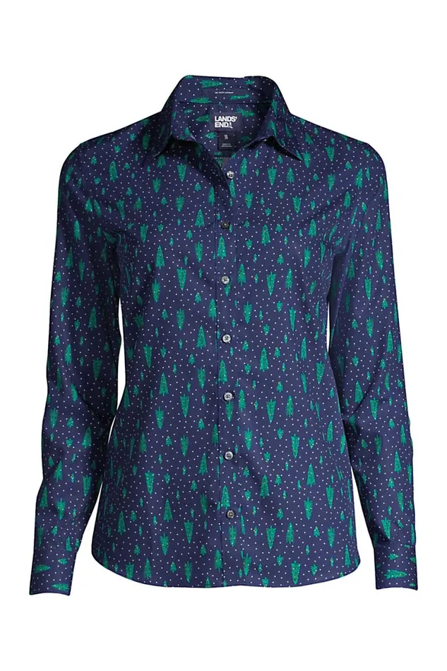 Lands039 End Shirts and Blouses Women Plus Size No Iron Supima Cotton Long Sleeve Shirt Deep Sea Navy Dot Tree