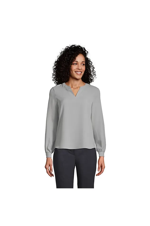 Lands039 End Shirts and Blouses Women Shirred Long Sleeve Split Neck Blouse Harbor Gray