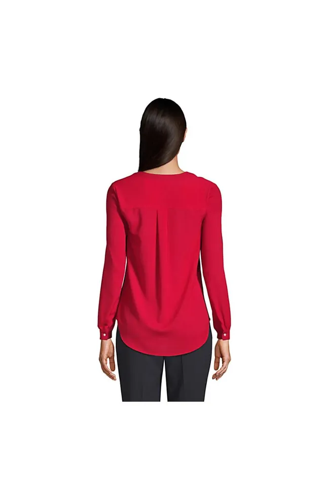 Lands039 End Shirts and Blouses Women Shirred Long Sleeve Split Neck Blouse Harbor Gray