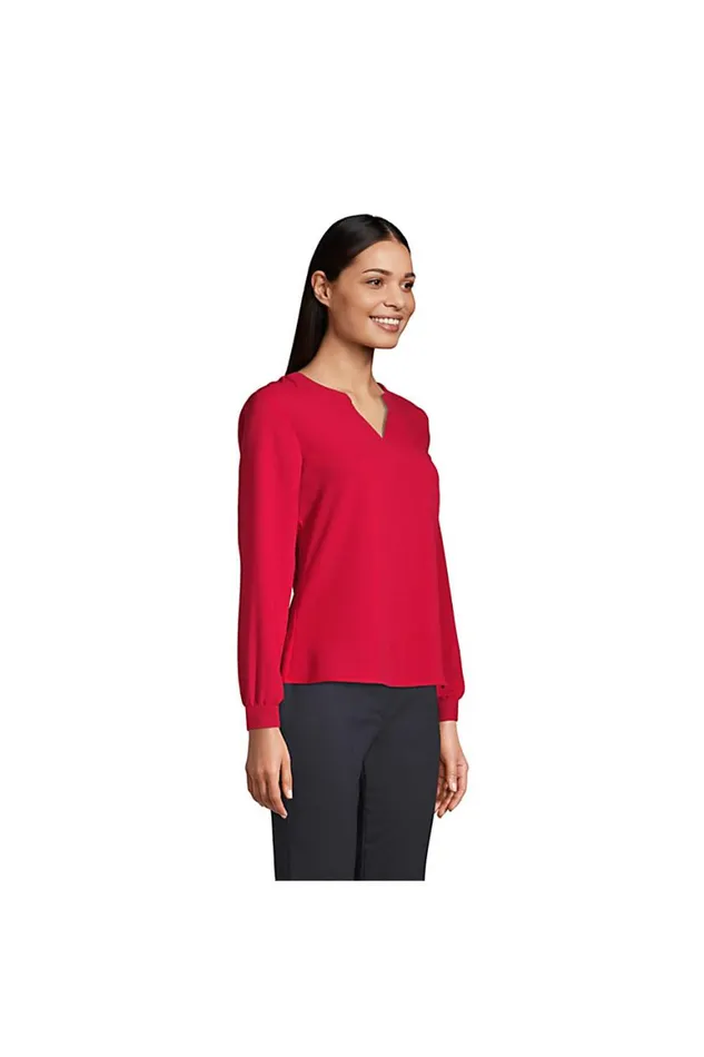 Lands039 End Shirts and Blouses Women Shirred Long Sleeve Split Neck Blouse Harbor Gray