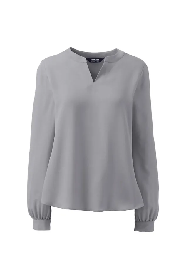Lands039 End Shirts and Blouses Women Shirred Long Sleeve Split Neck Blouse Harbor Gray