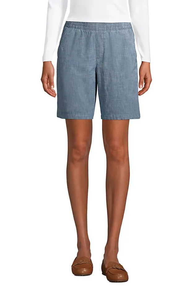 Lands039 End Shorts Women Mid Rise Elastic Waist Pull On 10034 Chino Bermuda Shorts Evening Sky Chambray