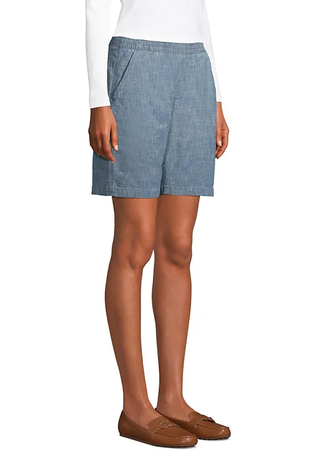 Lands039 End Shorts Women Mid Rise Elastic Waist Pull On 10034 Chino Bermuda Shorts Evening Sky Chambray