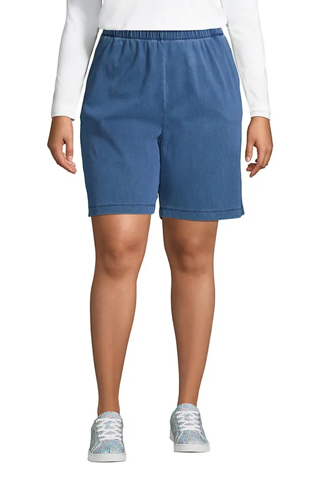 Lands039 End Shorts Women Plus Size High Rise Sport Knit Elastic Waist Denim Jean Shorts Light Indigo