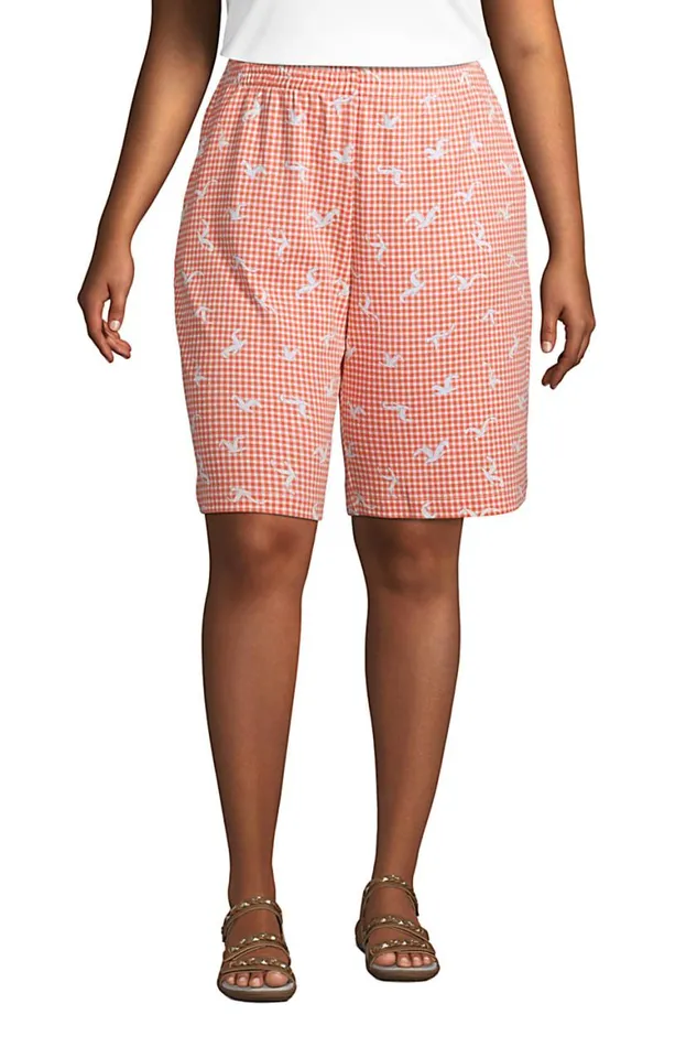 Lands039 End Shorts Women Plus Size Sport Knit Print High Rise Elastic Waist Pull On 10034 Bermuda Shorts Papaya Orange Seagull Check