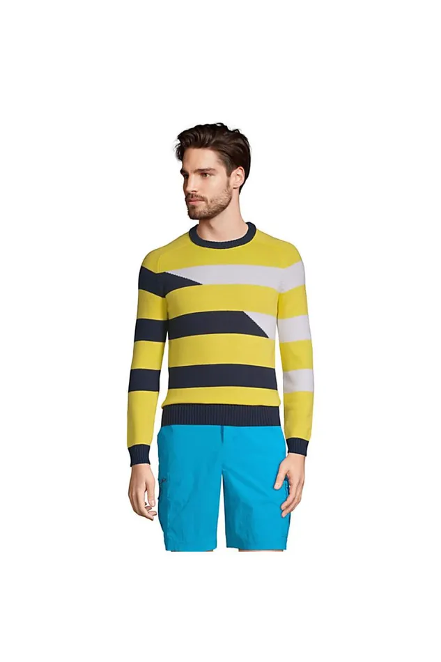 Lands039 End Sweaters Men Cotton Stripe Crewneck Sweater Yellow
