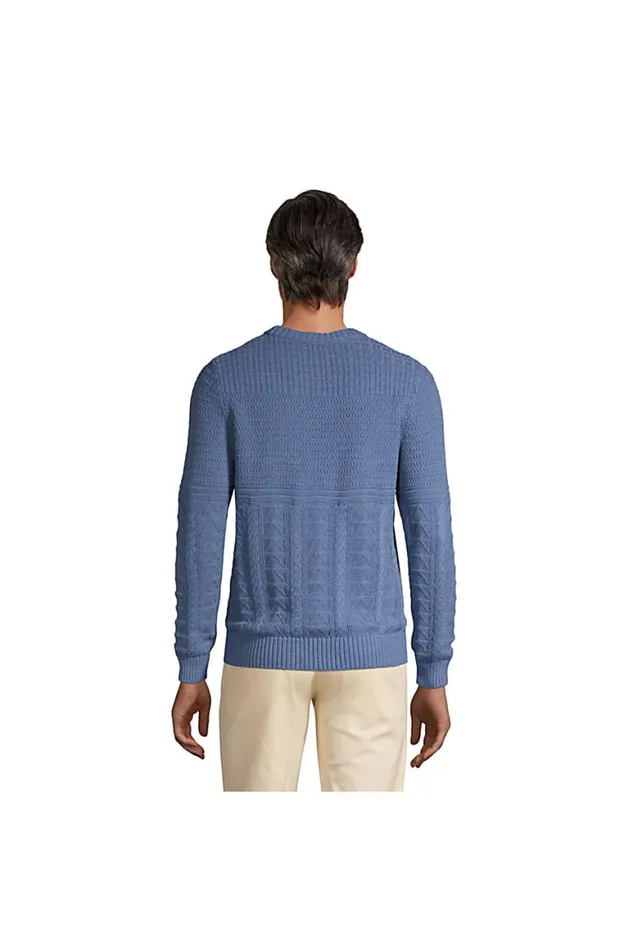 Lands039 End Sweaters Men Cotton Texture Crewneck Sweater Chambray Blue Heather