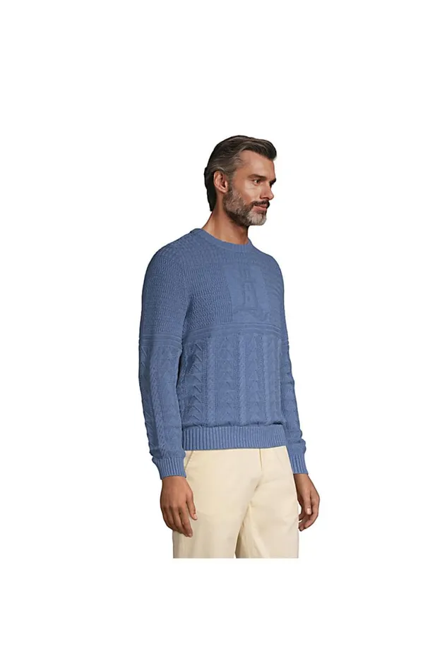 Lands039 End Sweaters Men Cotton Texture Crewneck Sweater Chambray Blue Heather