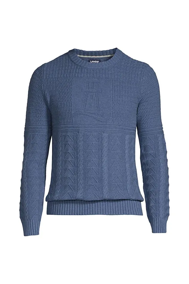 Lands039 End Sweaters Men Cotton Texture Crewneck Sweater Chambray Blue Heather