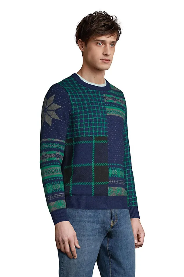 Lands039 End Sweaters Men Lighthouse Patchwork Crewneck Sweater Deep Sea Navy Patchwork