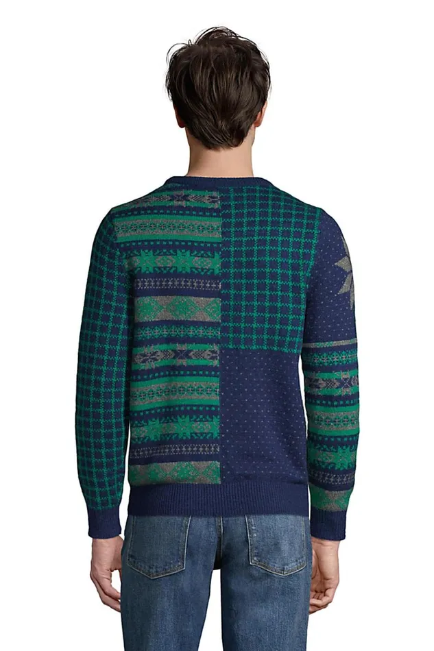 Lands039 End Sweaters Men Lighthouse Patchwork Crewneck Sweater Deep Sea Navy Patchwork