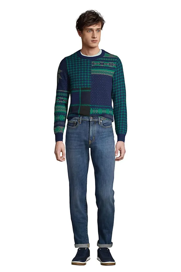 Lands039 End Sweaters Men Lighthouse Patchwork Crewneck Sweater Deep Sea Navy Patchwork