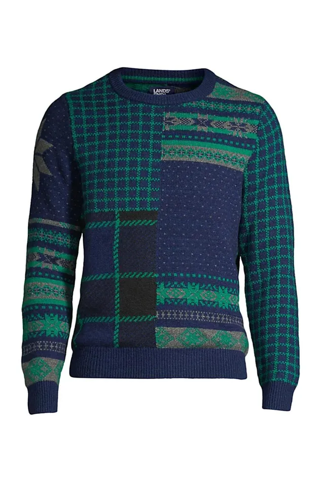 Lands039 End Sweaters Men Lighthouse Patchwork Crewneck Sweater Deep Sea Navy Patchwork