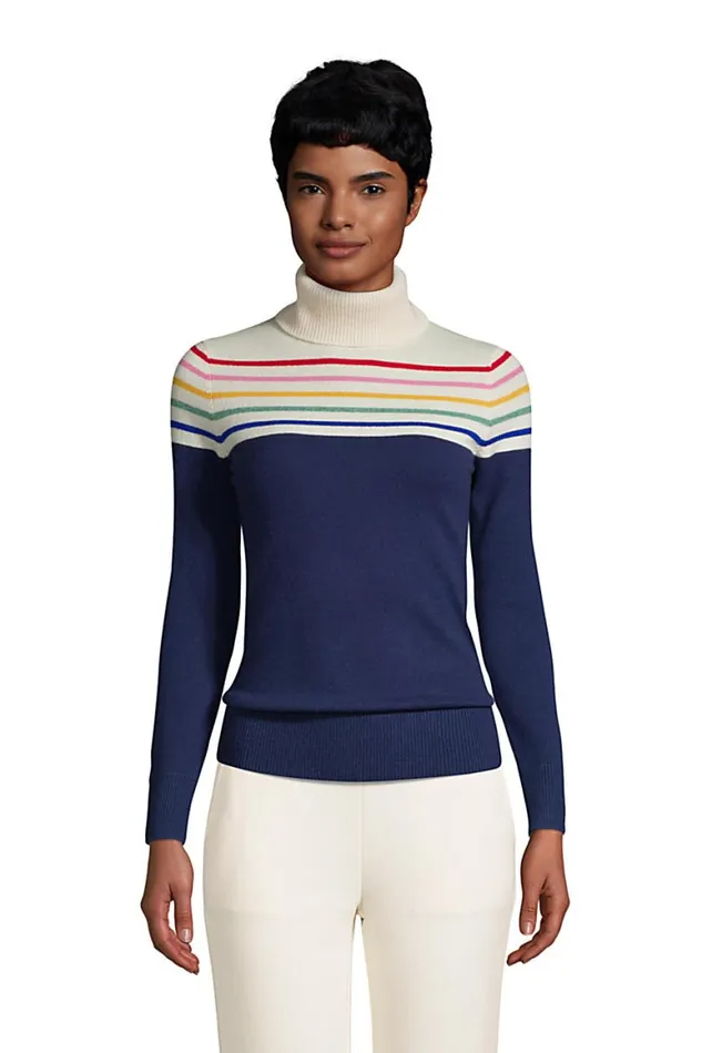 Lands039 End Sweaters Women Cashmere Turtleneck Sweater 8211 Colorblock Deep Sea Navy Rainbow Stripe Lands039 End Sweaters Women Cashmere Turtleneck Sweater 8211 Colorblock Deep Sea Navy Rainbow Stripe