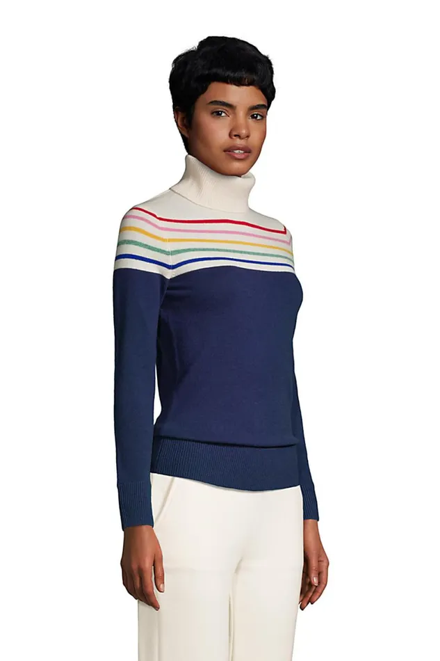 Lands039 End Sweaters Women Cashmere Turtleneck Sweater 8211 Colorblock Deep Sea Navy Rainbow Stripe Lands039 End Sweaters Women Cashmere Turtleneck Sweater 8211 Colorblock Deep Sea Navy Rainbow Stripe